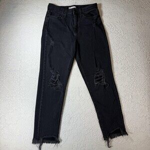 SO Jeans Juniors 5 Black Charcoal High Rise Mom Distressed Raw Frayed Hem Denim